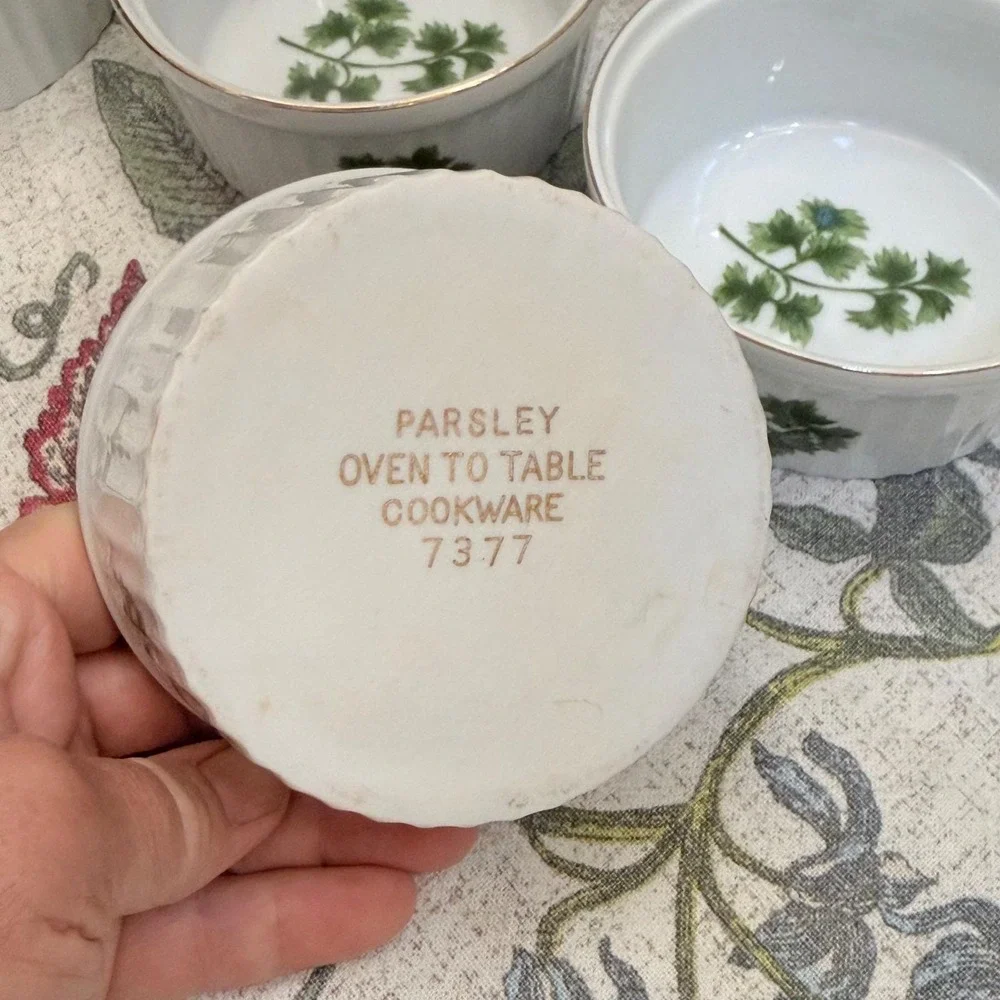 Pair Vintage Parsley Botanical Ramekins Gold Trim White Porcelain Baking Bowls
